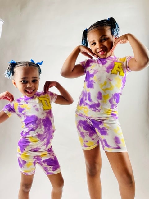 Kids Personalized Initial Pajama Yellow and Purple Tye Dye Short| Toddler Youth Infant| 2 Piece Set| Sleeper| Custom Pajamas| Girl Unisexs|