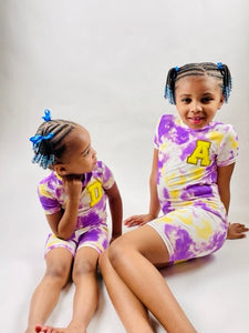 Kids Personalized Initial Pajama Yellow and Purple Tye Dye Short| Toddler Youth Infant| 2 Piece Set| Sleeper| Custom Pajamas| Girl Unisexs|